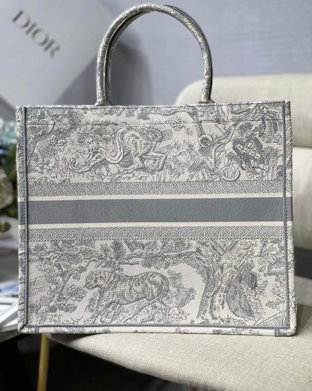 Large Dior Book Tote Bag Gray and Ecru Toile de Jouy Embroidery